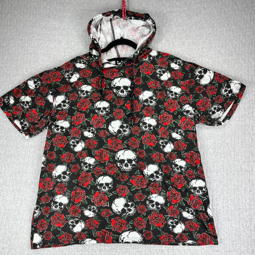 Skulls and roses death punk‎ rock/roll Short Sleeve Hoodie Men/Women XL Black